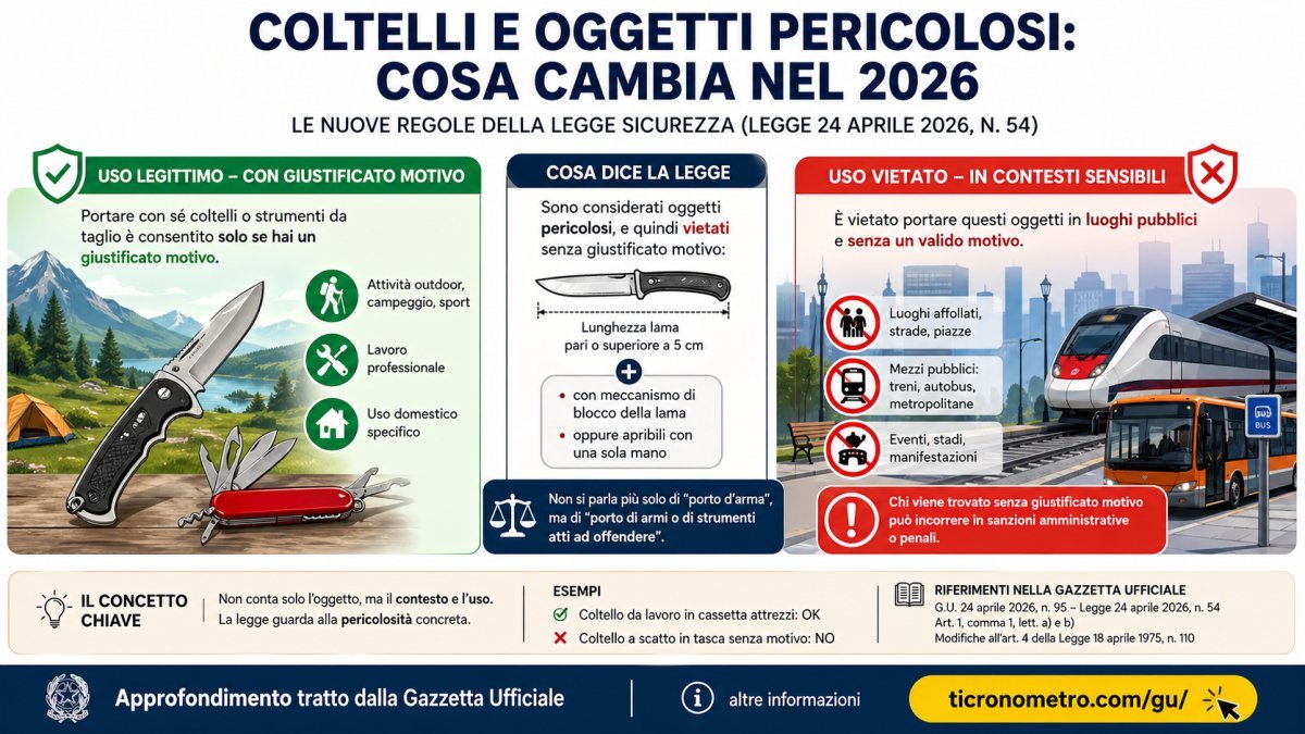 Coltelli e oggetti pericolosi: tutte le nuove regole della legge sicurezza 2026 spiegate semplice
