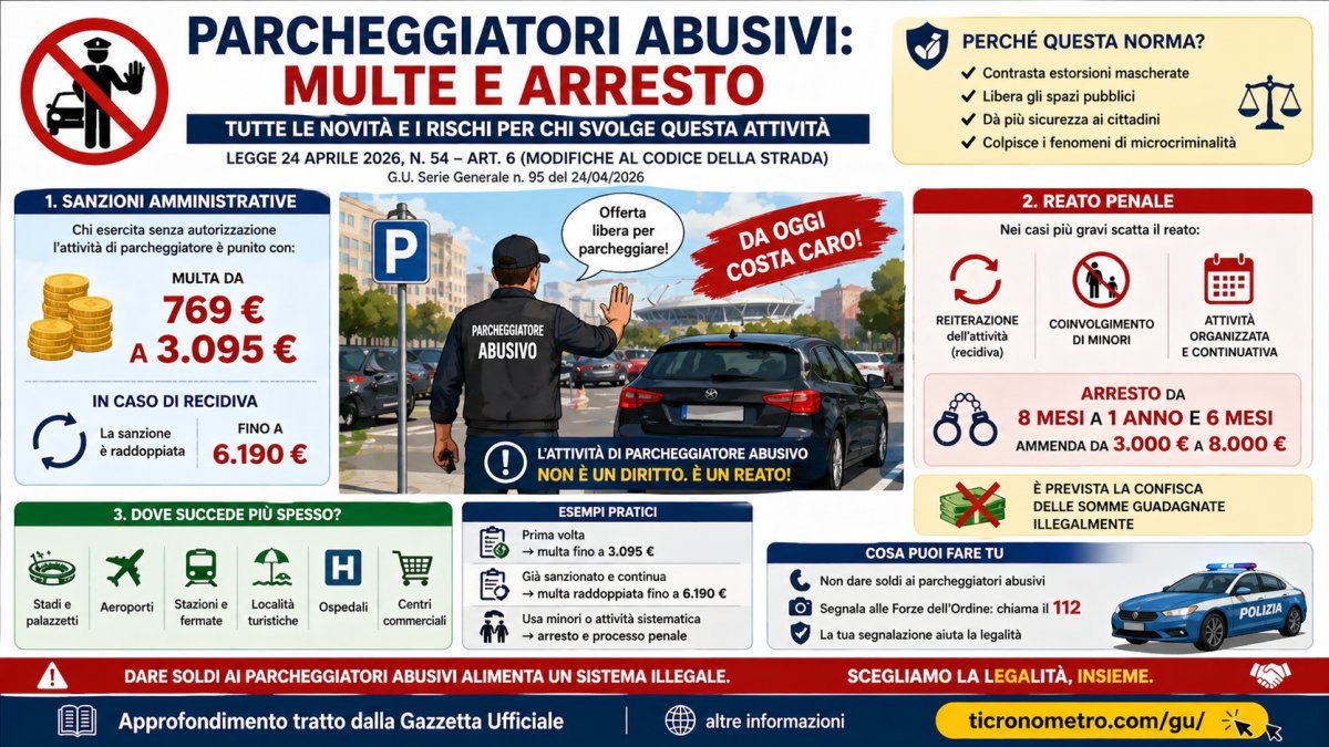 Parcheggiatori abusivi: multe fino a 3.000 euro e arresto con la nuova legge 2026
