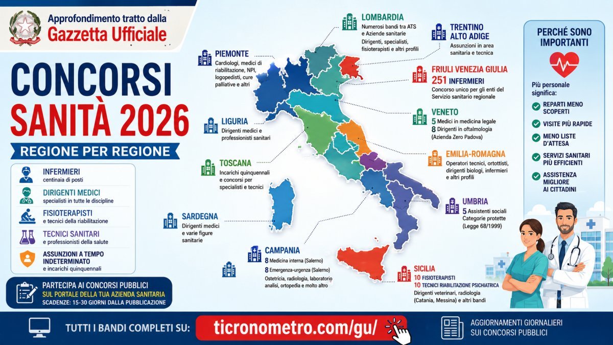 Concorsi sanità 2026: tutti i bandi regione per regione pubblicati in Gazzetta Ufficiale