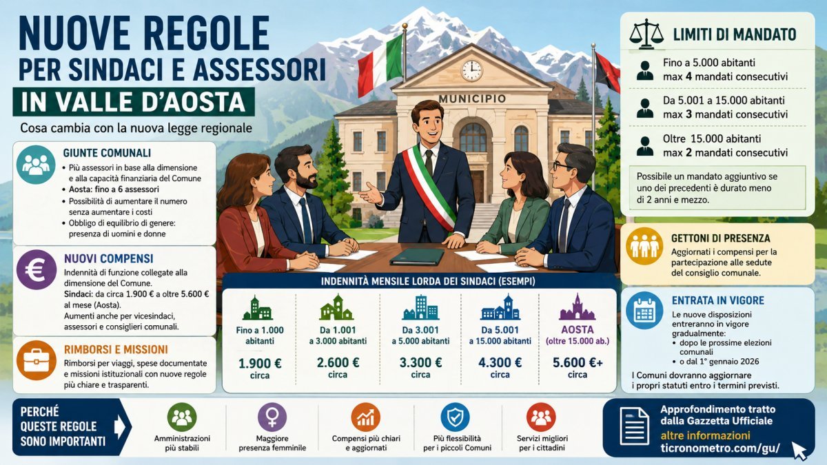 Valle d’Aosta, nuove regole per sindaci e assessori: aumentano compensi e cambiano i limiti di mandato