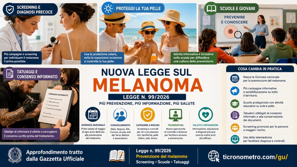 Melanoma, arriva la Legge 99/2026: screening, scuole e nuove regole per i tatuaggi
