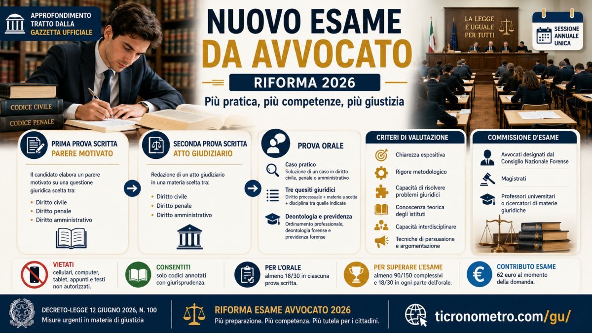 Riforma esame avvocato 2026: due prove scritte, nuovo orale e criteri di valutazione