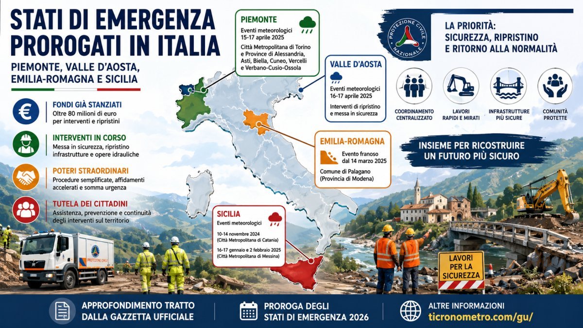 Stati di emergenza prorogati nel 2026: cosa cambia per Piemonte, Valle d’Aosta, Emilia-Romagna e Sicilia