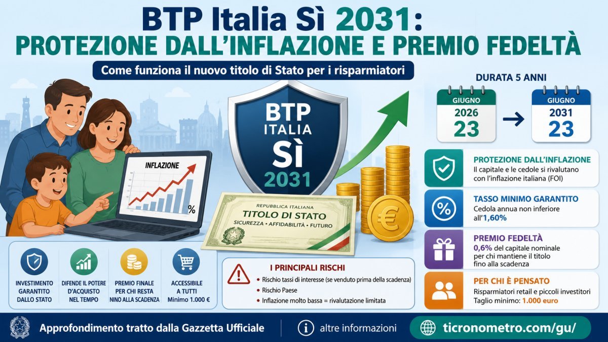 BTP Italia Sì 2031: come funziona il nuovo titolo indicizzato all'inflazione, rendimento, premio fedeltà e rischi