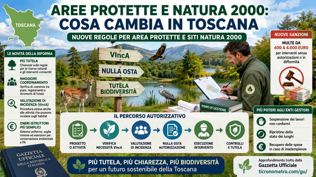 Toscana, nuove regole per aree protette e Natura 2000: autorizzazioni, controlli e sanzioni fino a 6.000 euro