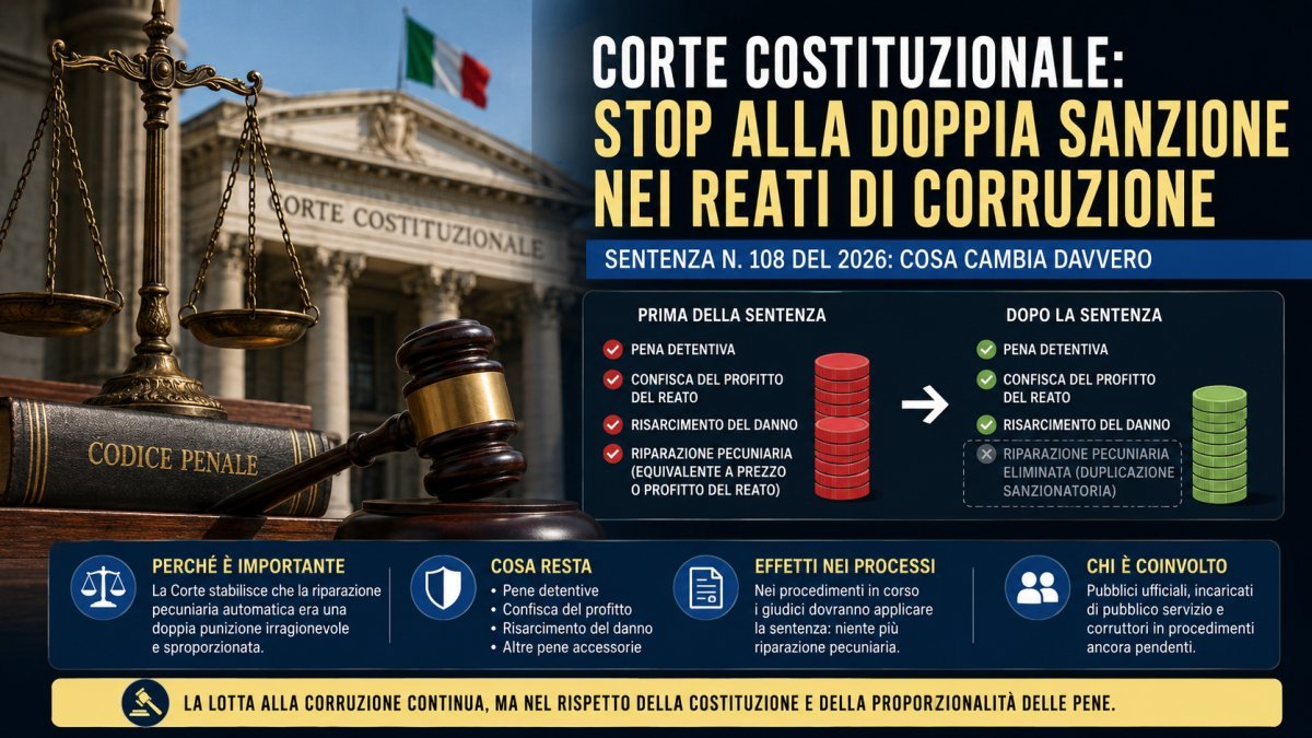 La Corte Costituzionale elimina la doppia sanzione nei reati di corruzione: cosa cambia dopo la sentenza n. 108
