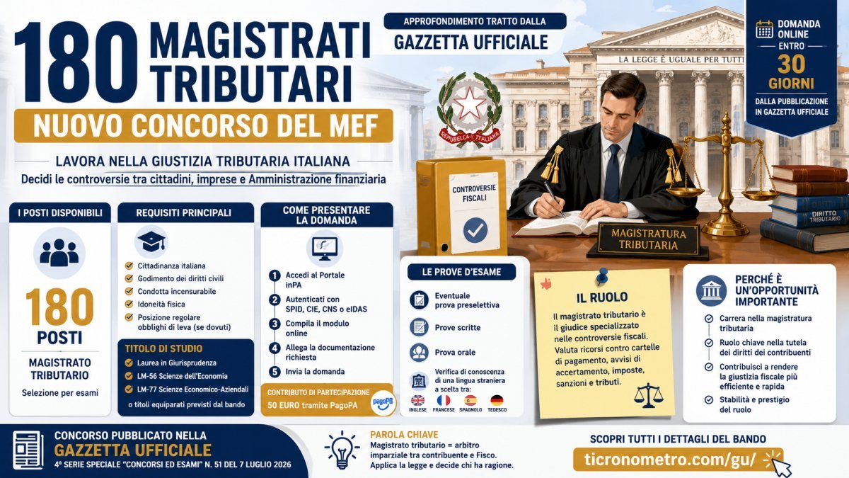 Concorso per 180 magistrati tributari: requisiti, prove, domanda online e scadenza