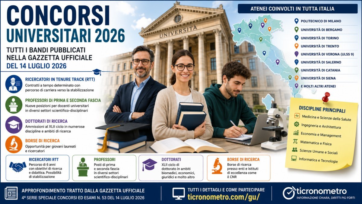 Concorsi universitari 2026: tutti i bandi per ricercatori, professori e dottorati nella Gazzetta Ufficiale del 14 luglio