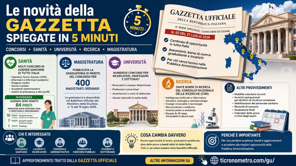 Le novità della Gazzetta Ufficiale del 21 luglio 2026 spiegate in 5 minuti: tutti i concorsi e cosa cambia per i candidati