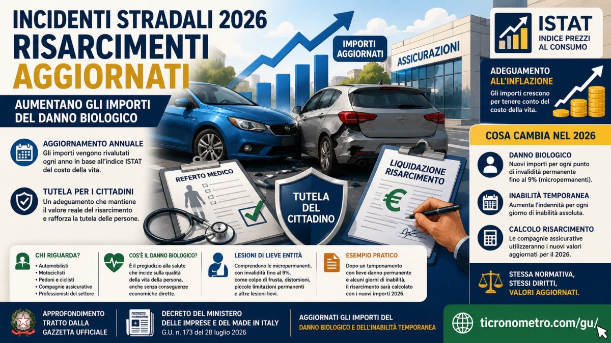 Risarcimenti per incidenti stradali 2026: aumentano gli importi del danno biologico, cosa cambia
