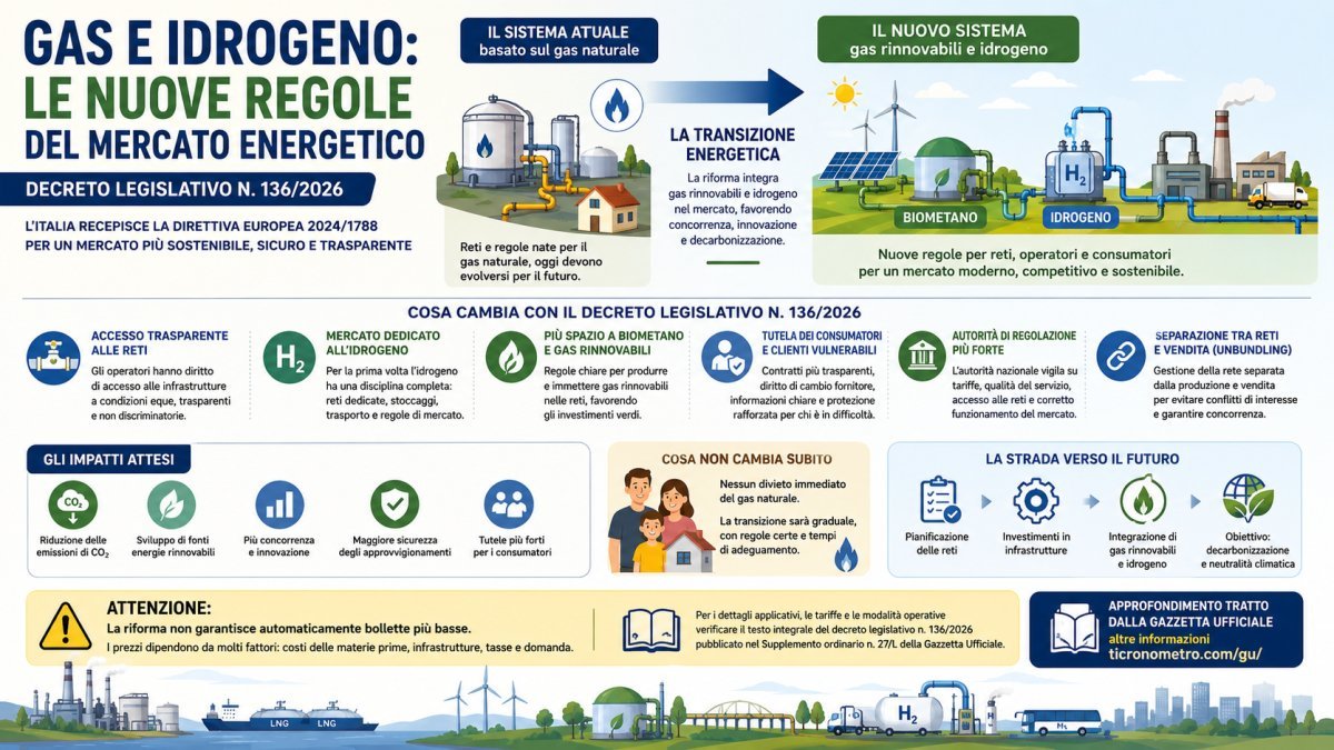 Gas e idrogeno, cosa cambia con il decreto legislativo 136/2026: reti, consumatori e nuove regole