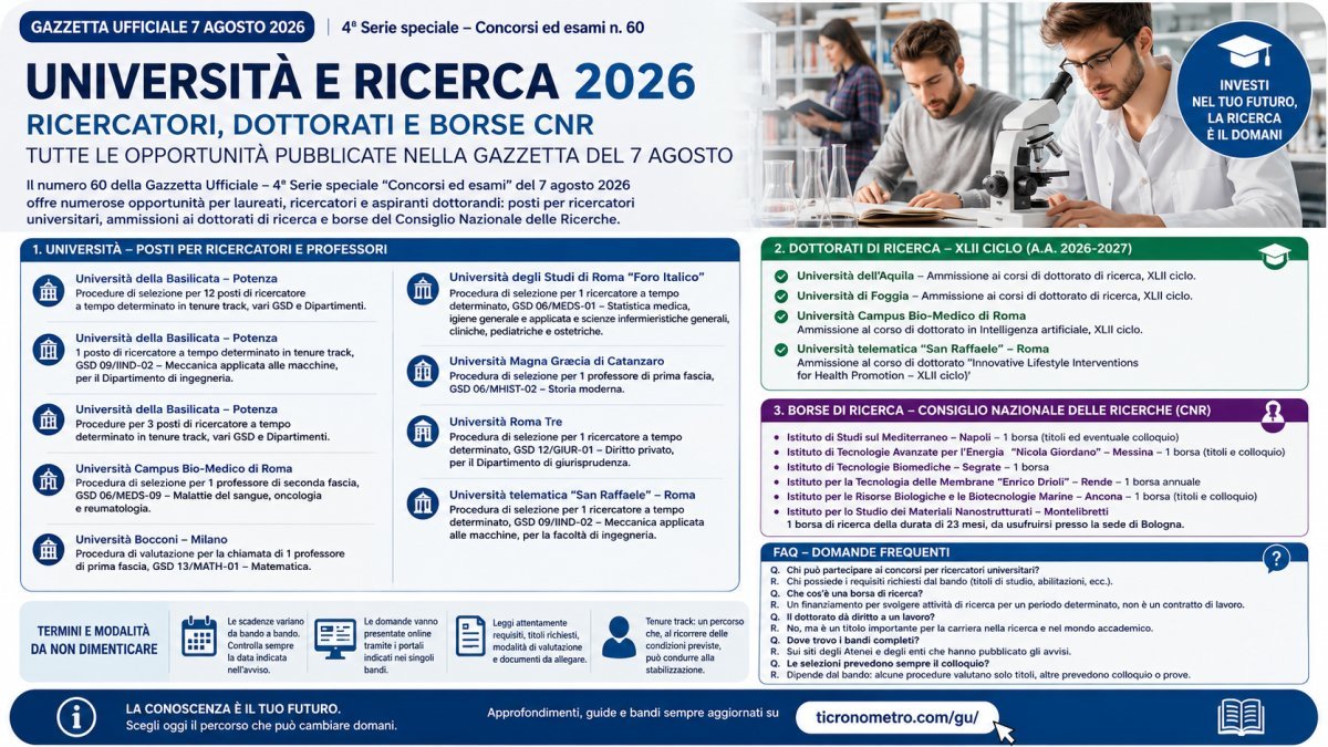 Università e ricerca 2026: ricercatori, dottorati e borse CNR nella Gazzetta del 7 agosto
