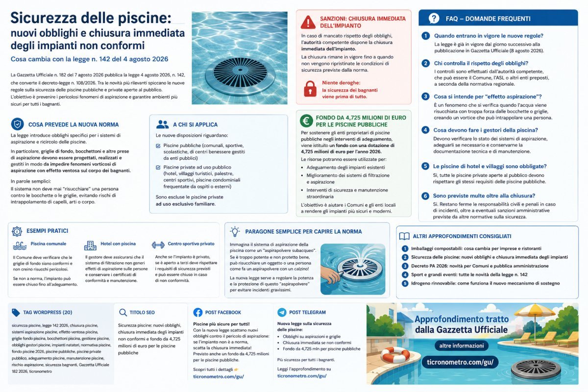 Sicurezza piscine 2026: nuovi obblighi, chiusura immediata e fondo da 4,725 milioni