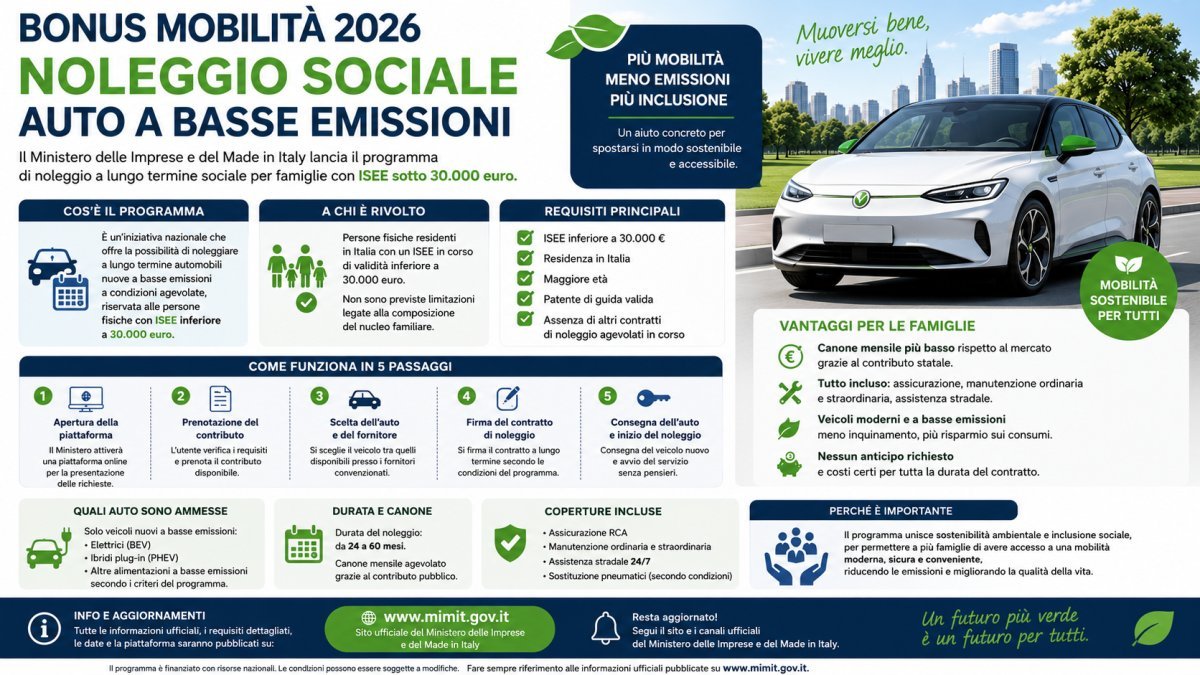 Noleggio sociale auto 2026: 100 euro al mese con ISEE sotto 30.000 euro, requisiti e come fare domanda
