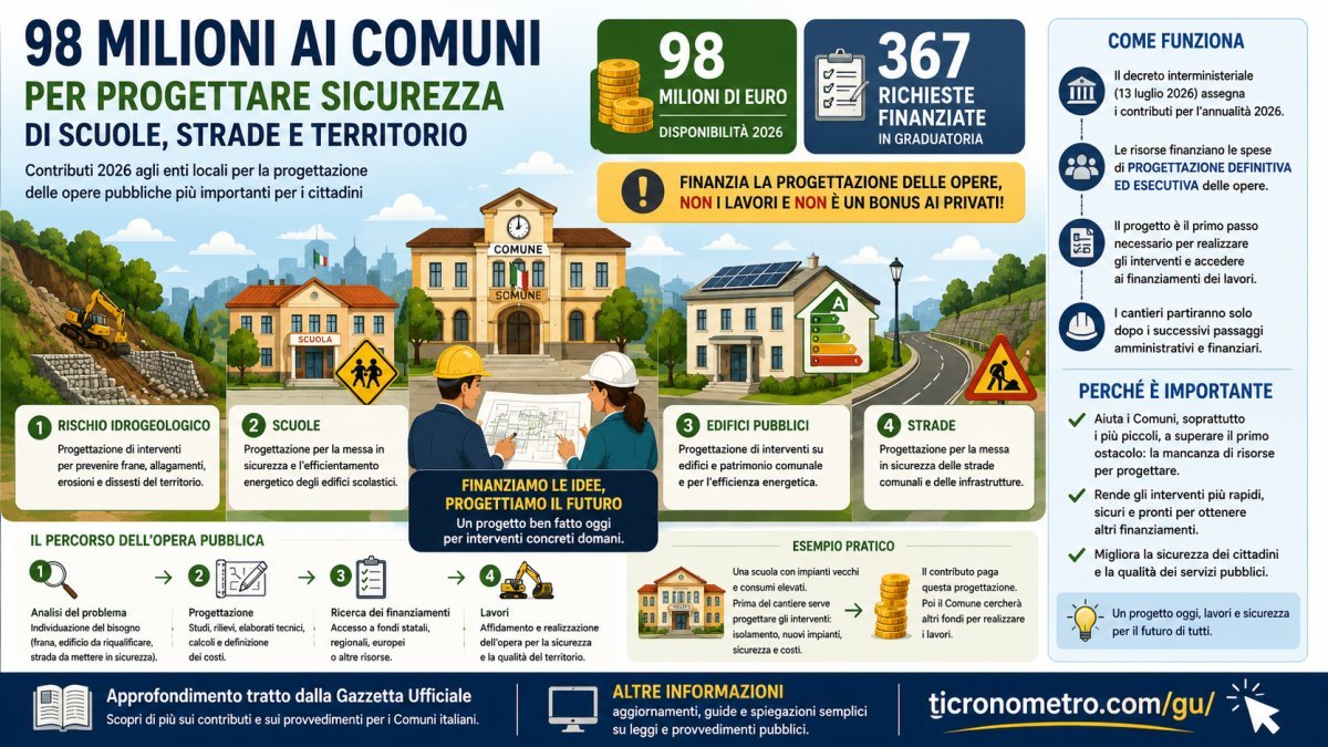 98 milioni ai Comuni nel 2026: fondi per progettare sicurezza di scuole, strade e territorio