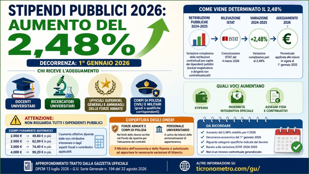 Aumento stipendi pubblici 2026 del 2,48%: chi ne ha diritto e da quando