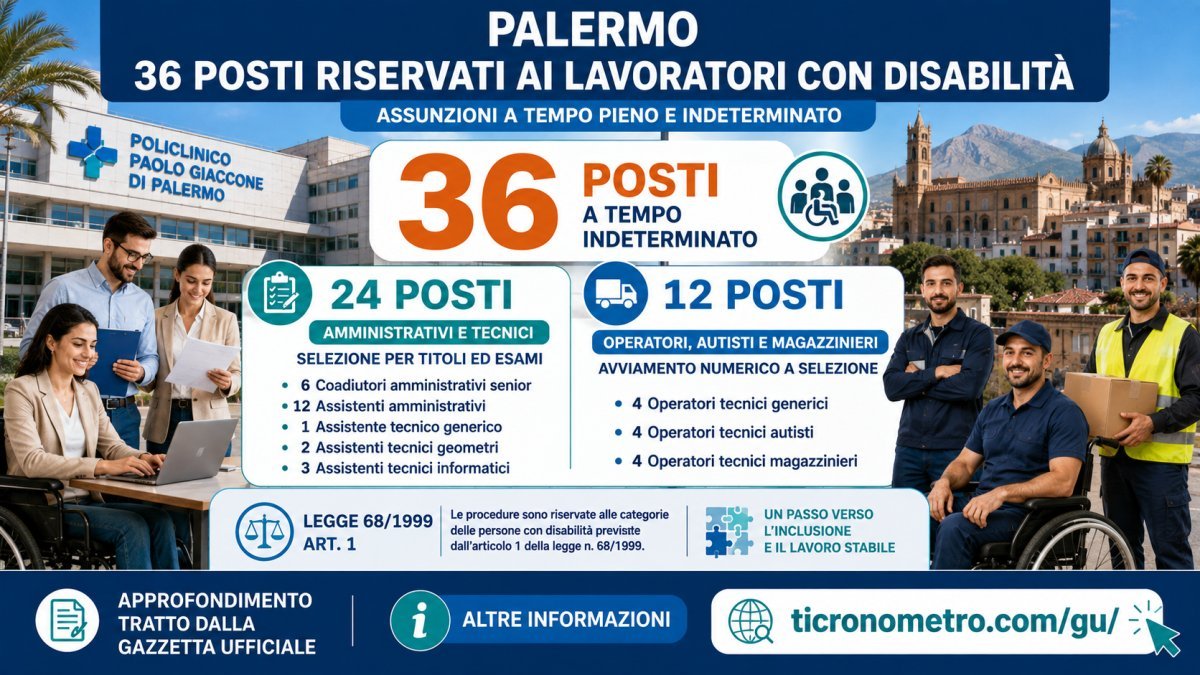 Palermo, 36 posti al Policlinico per lavoratori con disabilità: amministrativi, tecnici, autisti e magazzinieri