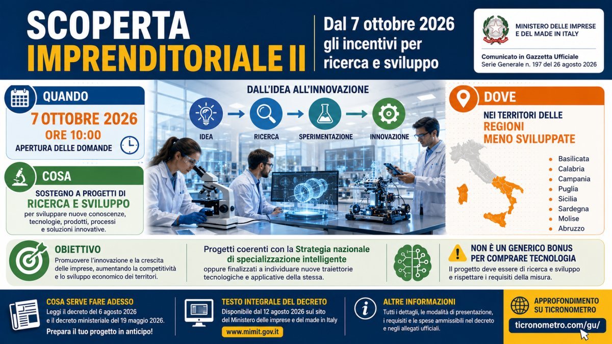 Scoperta imprenditoriale II 2026: domande dal 7 ottobre per gli incentivi a ricerca e sviluppo