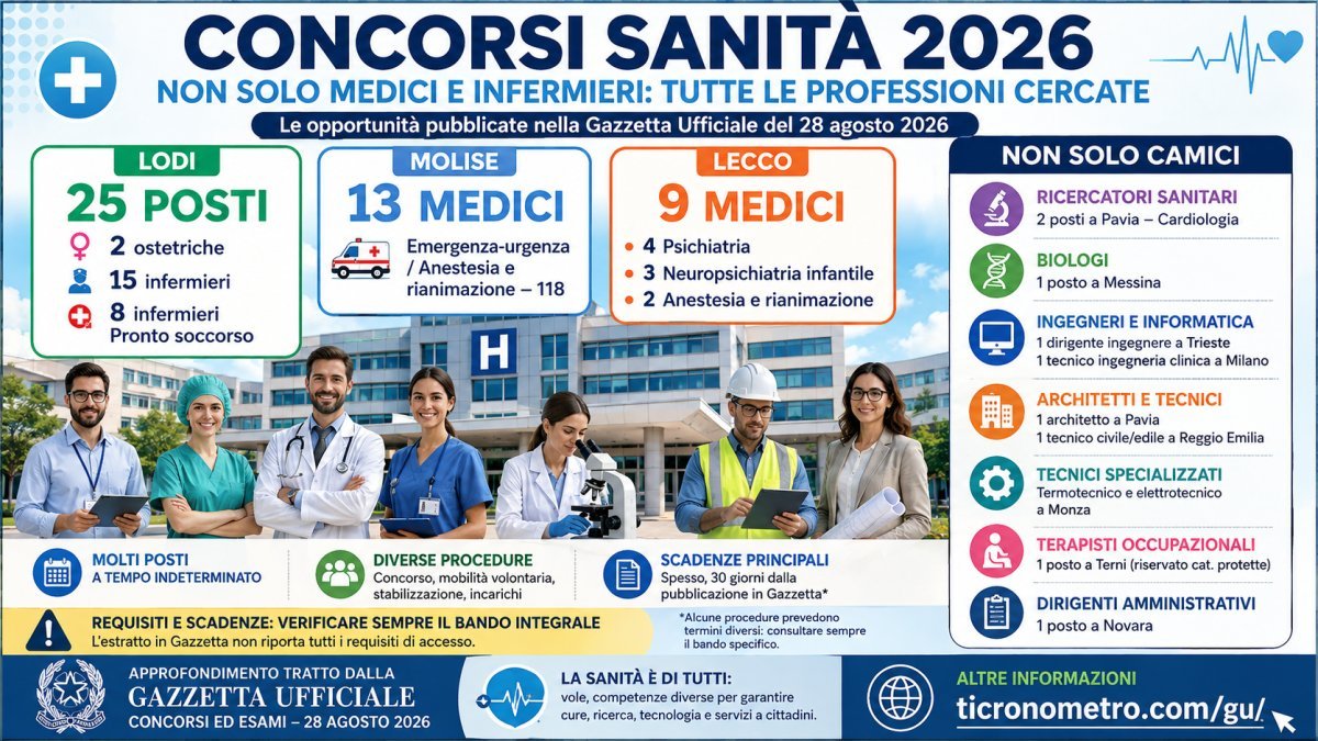 Concorsi sanità 2026: infermieri, medici, tecnici e ricercatori, i posti della Gazzetta del 28 agosto
