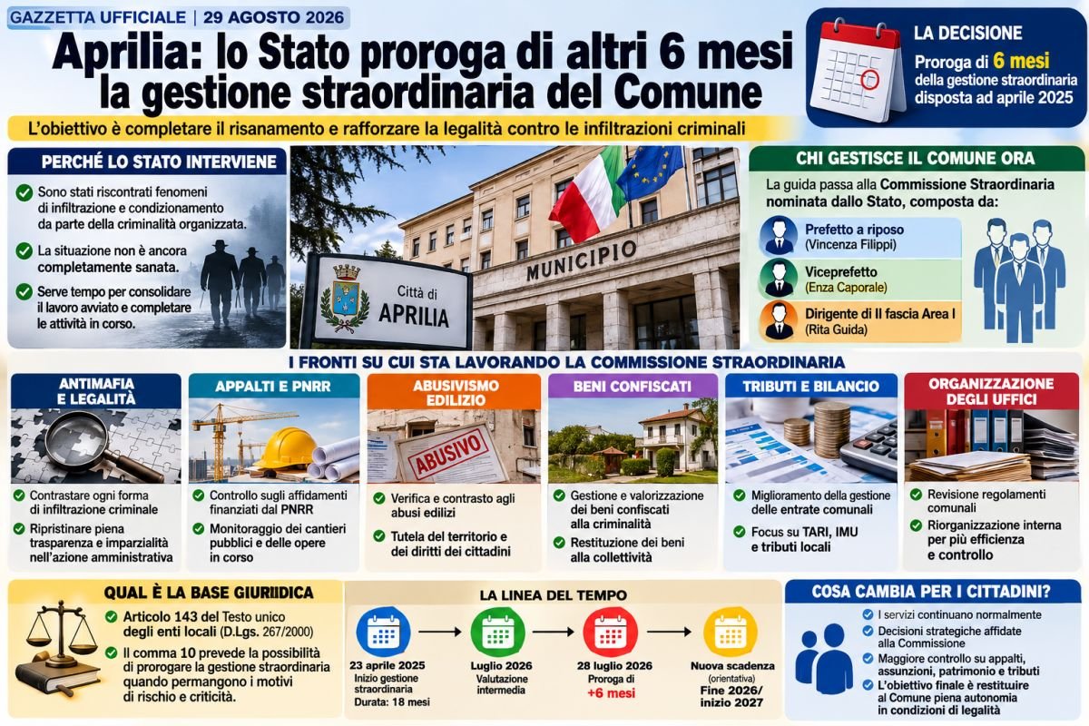 Aprilia, gestione straordinaria prorogata di 6 mesi: antimafia, PNRR, abusivismo e conti del Comune