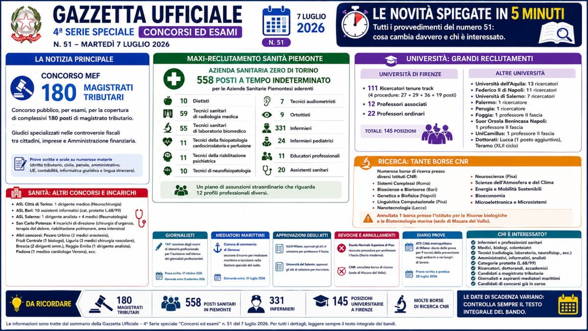 Gazzetta Ufficiale 7 luglio 2026 in 5 minuti: 180 magistrati tributari, 557 posti nella sanità e maxi concorsi universitari