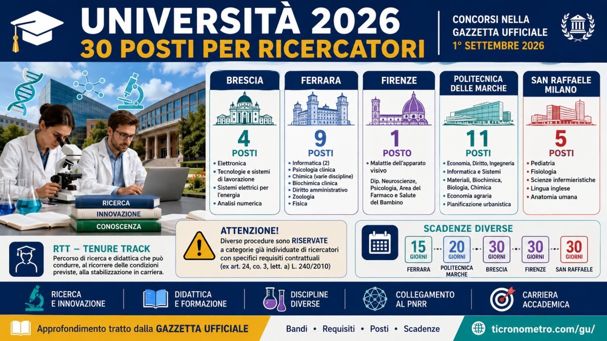 Concorsi Università settembre 2026: 30 posti per ricercatori a Brescia, Ferrara, Firenze, Ancona e Milano