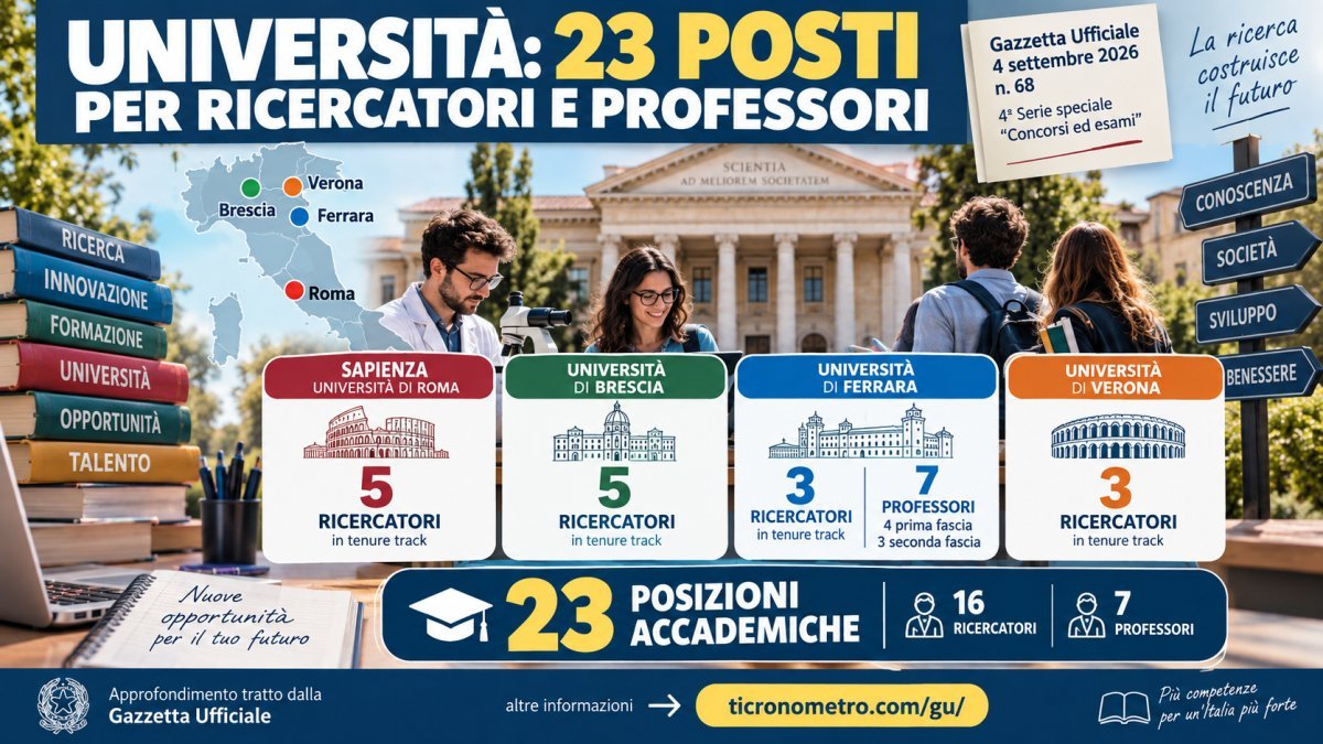 Concorsi Università settembre 2026: 23 posti per ricercatori e professori a Roma, Brescia, Ferrara e Verona