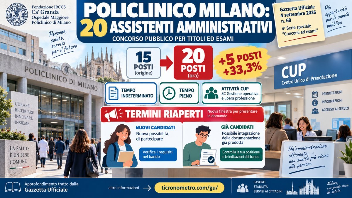 Policlinico Milano, concorso per 20 assistenti amministrativi: posti aumentati e termini riaperti