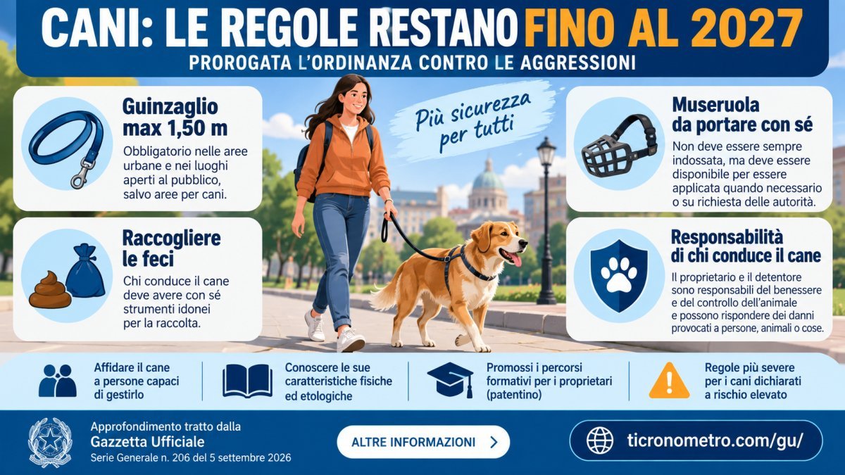 Cani, regole prorogate fino al 2027: guinzaglio, museruola e obblighi per i proprietari