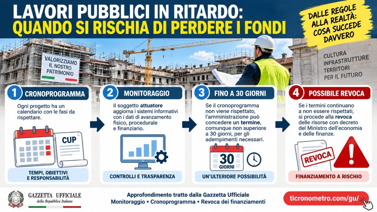 Fondi pubblici e lavori in ritardo: quando scatta la revoca dei finanziamenti e come funziona il termine di 30 giorni