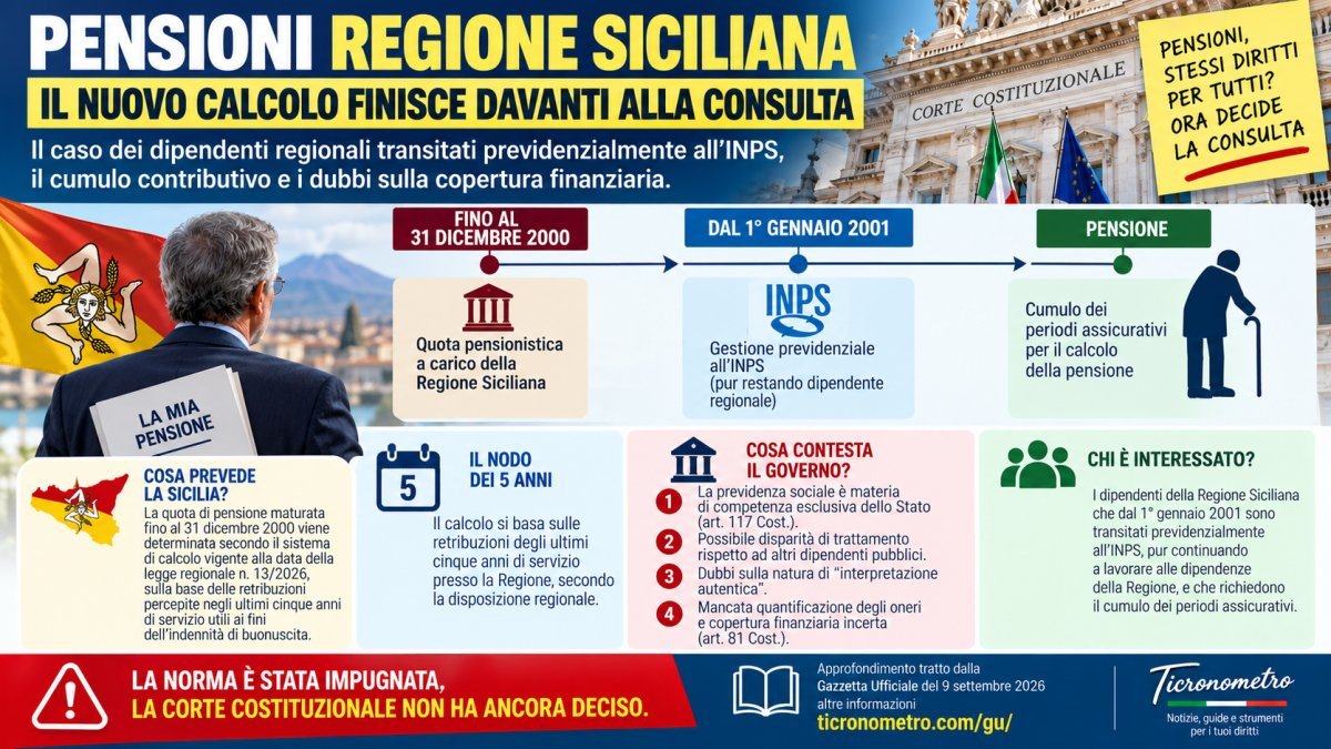 Pensioni Regione Siciliana, nuovo calcolo per i dipendenti passati all’INPS: la norma arriva alla Corte costituzionale