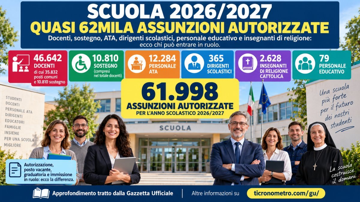 Assunzioni scuola 2026/2027: 61.998 posti autorizzati tra docenti, ATA, sostegno e dirigenti