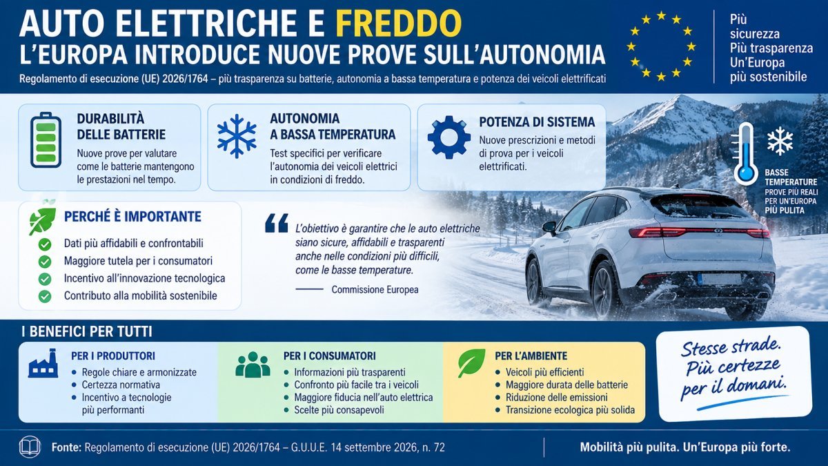 Auto elettriche e freddo, nuove regole UE 2026: test su autonomia e durata delle batterie