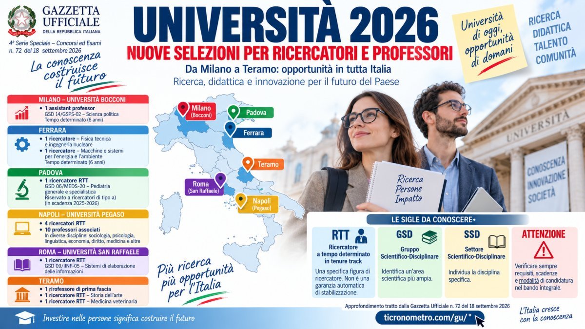 Università, concorsi 2026 per ricercatori e professori: selezioni da Milano a Teramo