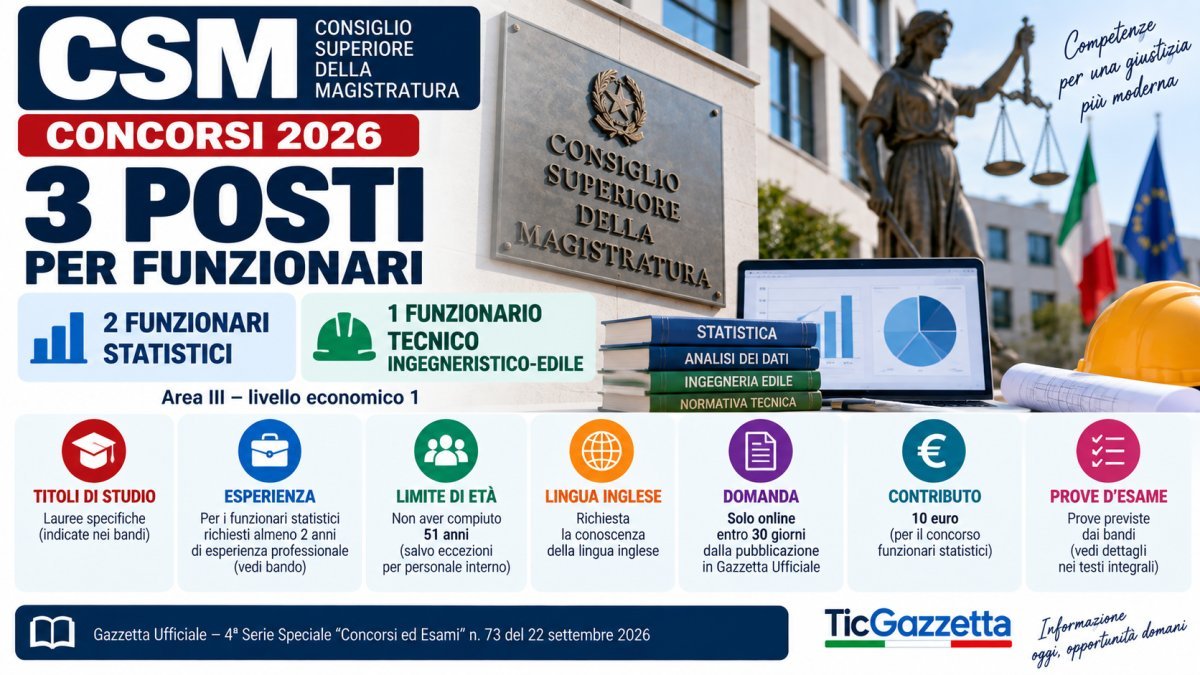 CSM, concorsi 2026: 2 funzionari statistici e 1 tecnico ingegneristico-edile, requisiti e domanda