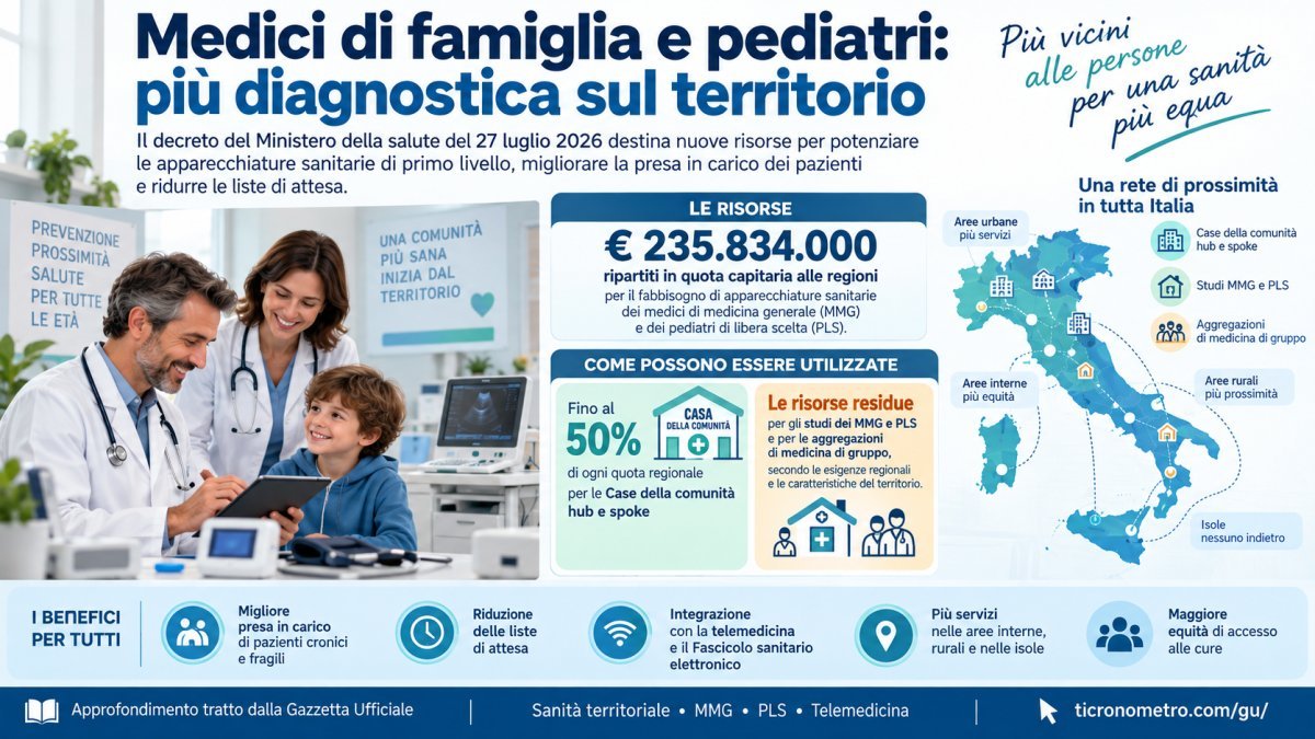 Medici di famiglia e pediatri, 235,8 milioni per apparecchiature e diagnostica territoriale: cosa prevede il decreto 2026