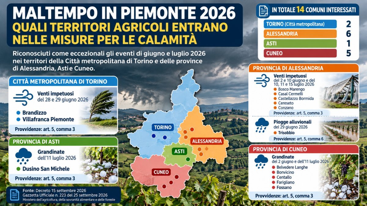 Maltempo Piemonte 2026, aiuti agricoltura: i 14 Comuni di Torino, Alessandria, Asti e Cuneo interessati