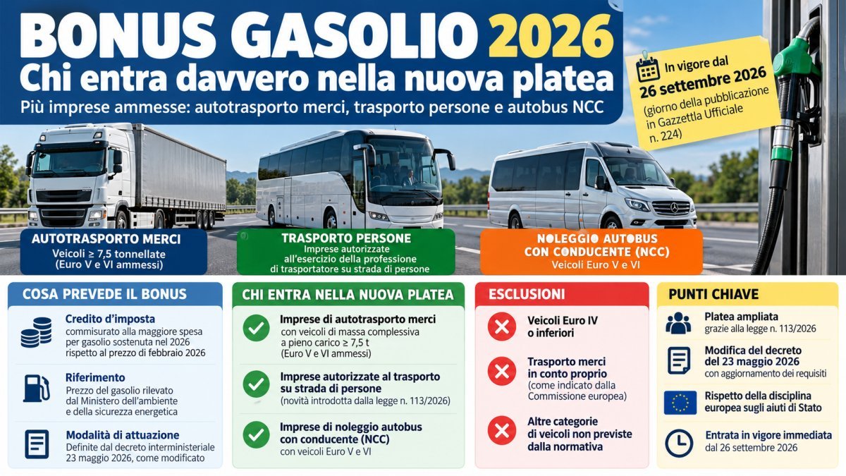 Bonus gasolio 2026, platea ampliata: autotrasporto, autobus NCC, requisiti Euro V e VI ed esclusioni