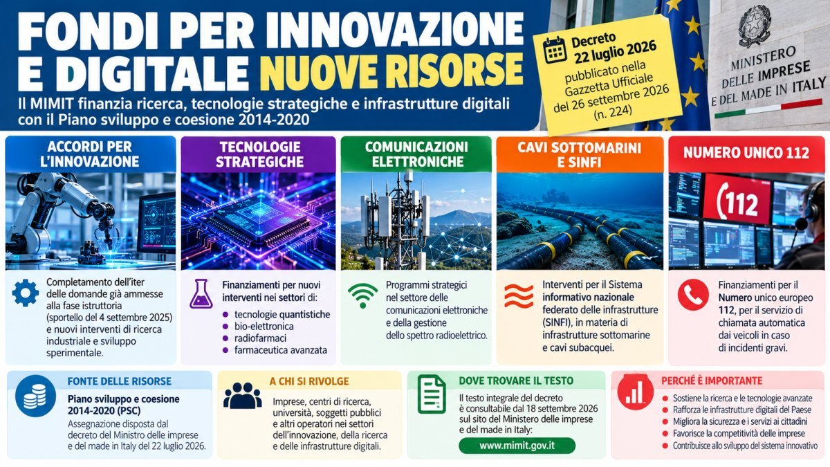 Fondi MIMIT per innovazione e digitale: risorse a quantistica, farmaceutica, cavi sottomarini e 112