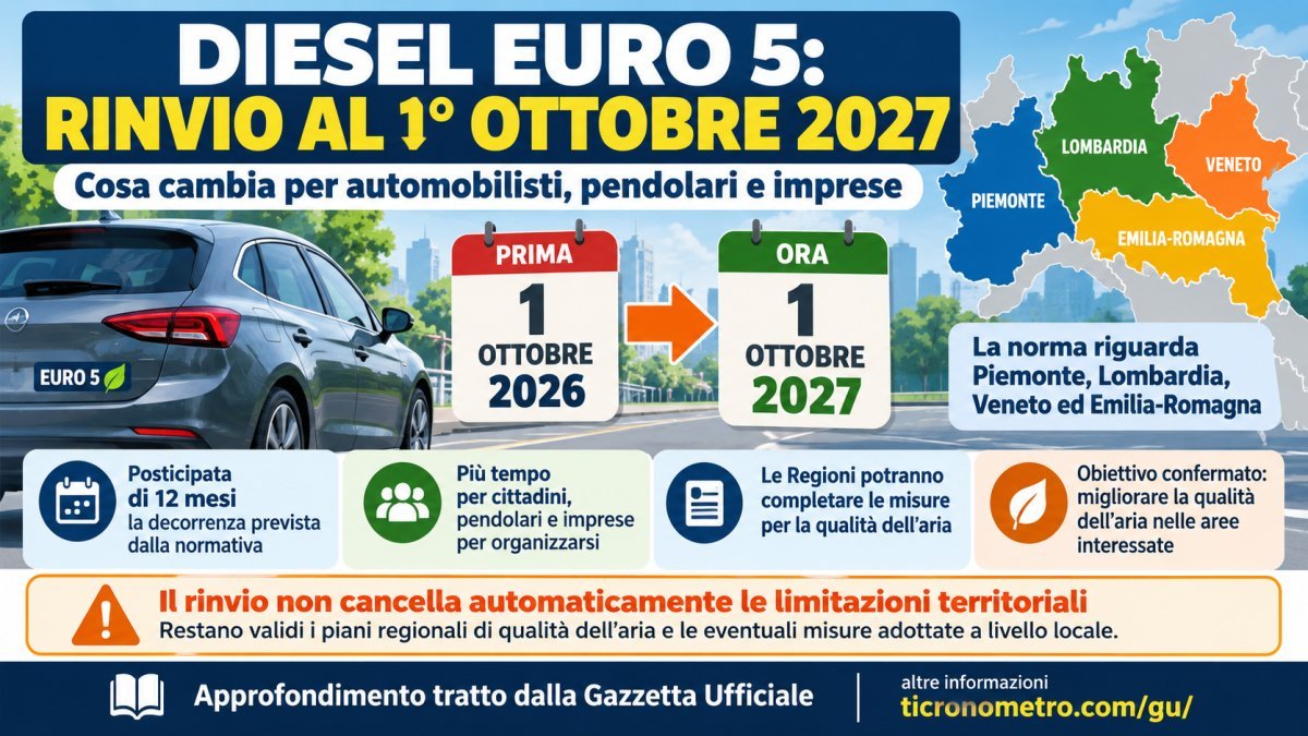 Diesel Euro 5, rinvio al 1° ottobre 2027: cosa cambia e quali Regioni sono coinvolte