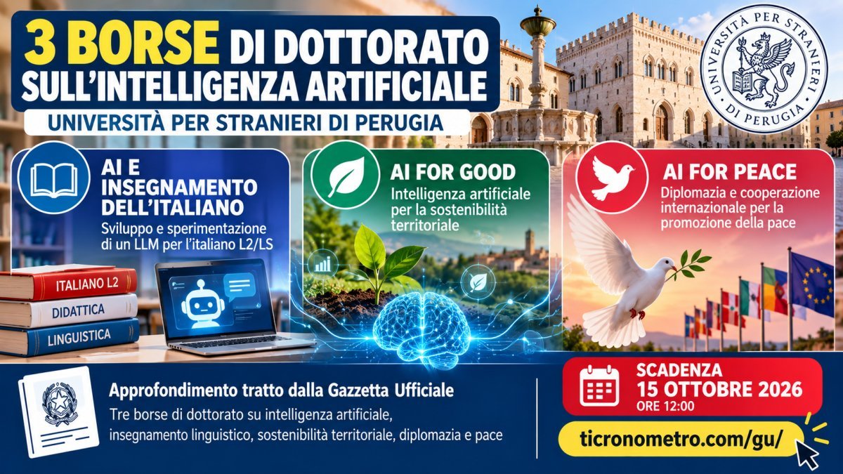 Dottorati AI 2026 a Perugia: 3 borse su intelligenza artificiale, sostenibilità e pace