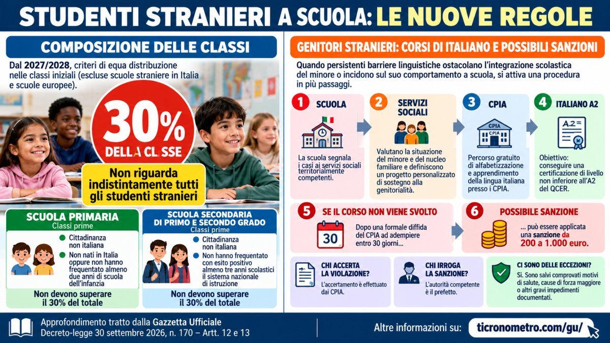 Studenti stranieri a scuola: limite del 30%, corsi di italiano per i genitori e sanzioni fino a 1.000 euro