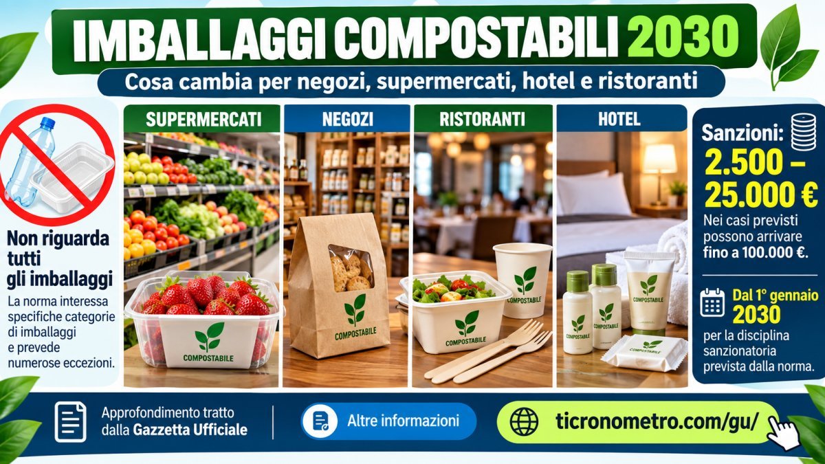 Imballaggi compostabili 2030: nuove regole, eccezioni e sanzioni per negozi, supermercati, hotel e ristoranti