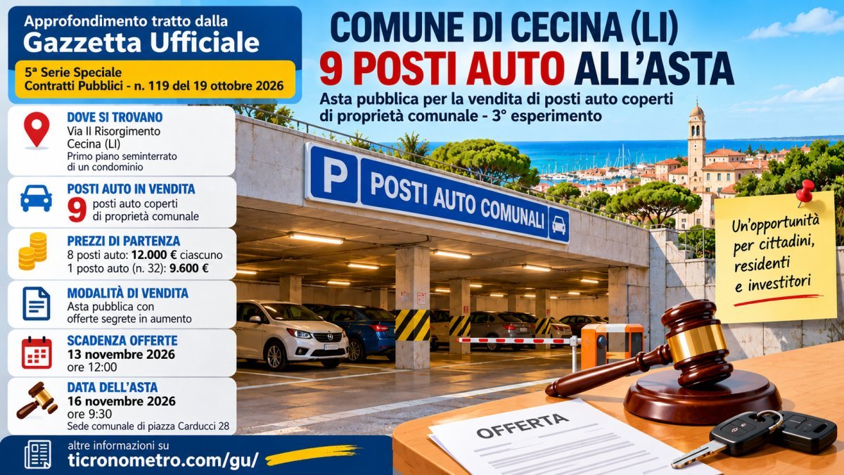 Cecina, 9 posti auto all'asta da 9.600 euro: scadenze e come partecipare