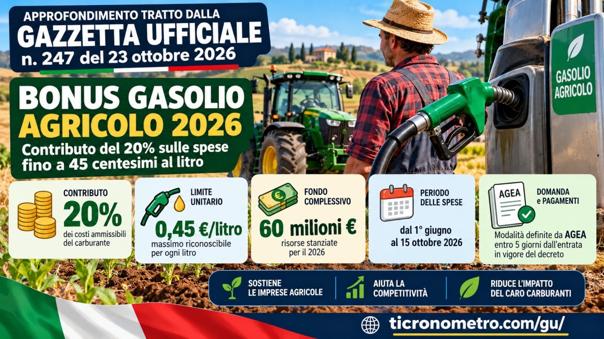 Bonus gasolio agricolo 2026: contributo del 20% fino a 45 centesimi al litro, requisiti e AGEA