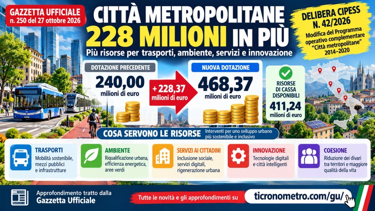Città metropolitane, 228 milioni in più: cosa cambia nel 2026