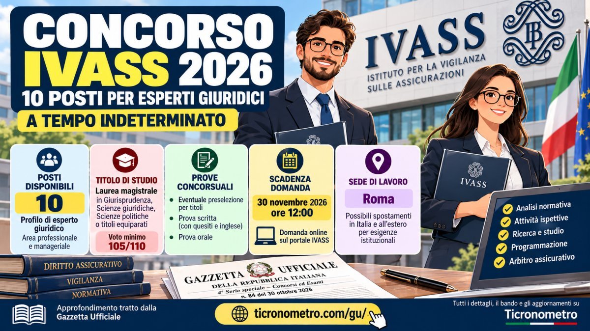 Concorso IVASS 2026: 10 posti, requisiti, prove e scadenza