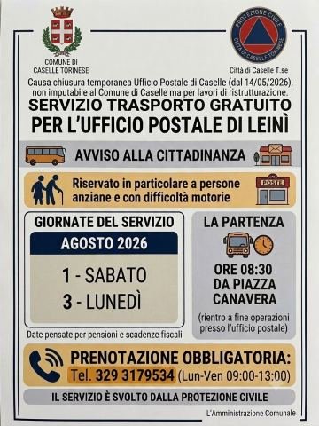 Servizio navetta per chiusura degli uffici postali