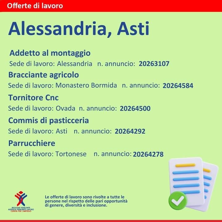 💼 Nuove offerte di lavoro nelle province di Asti e Alessandria per i ruoli di:…