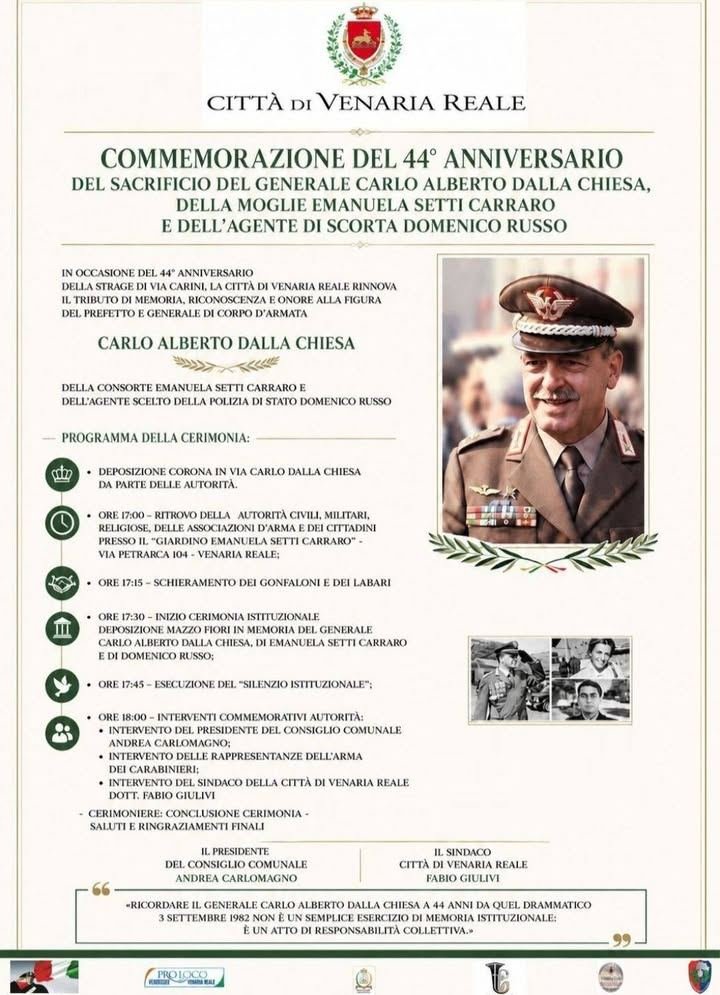 Commemorazione del 44^ Anniversario del sacrificio del Generale Carlo Alberto Dalla Chiesa, della moglie Emanuela Setti Carraro ...